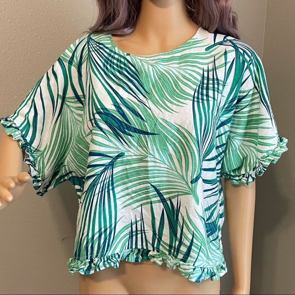 For Cynthia Green and White Tropical Leaves Croptop Size Large